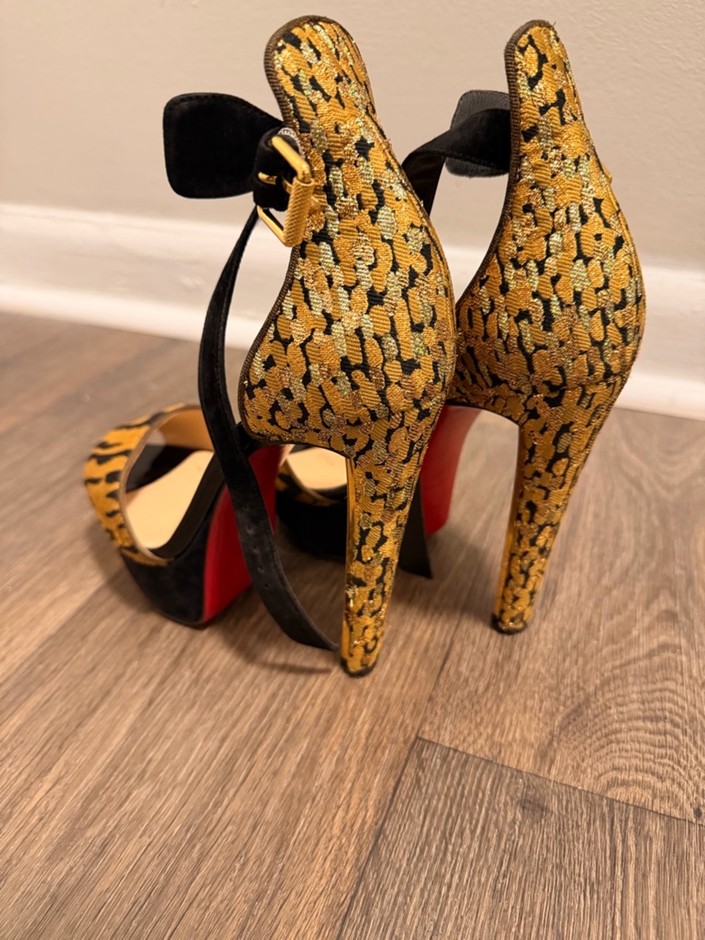 Christian Louboutin Gold and Black Leopard-Print High Heels - Picture 1 of 9